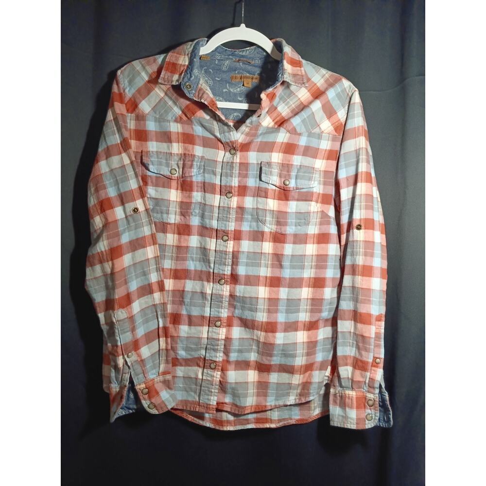 Jachs Girlfriend Bea Flannel Pearl Snap Shirt Pink Blue Gray Womens Medium
